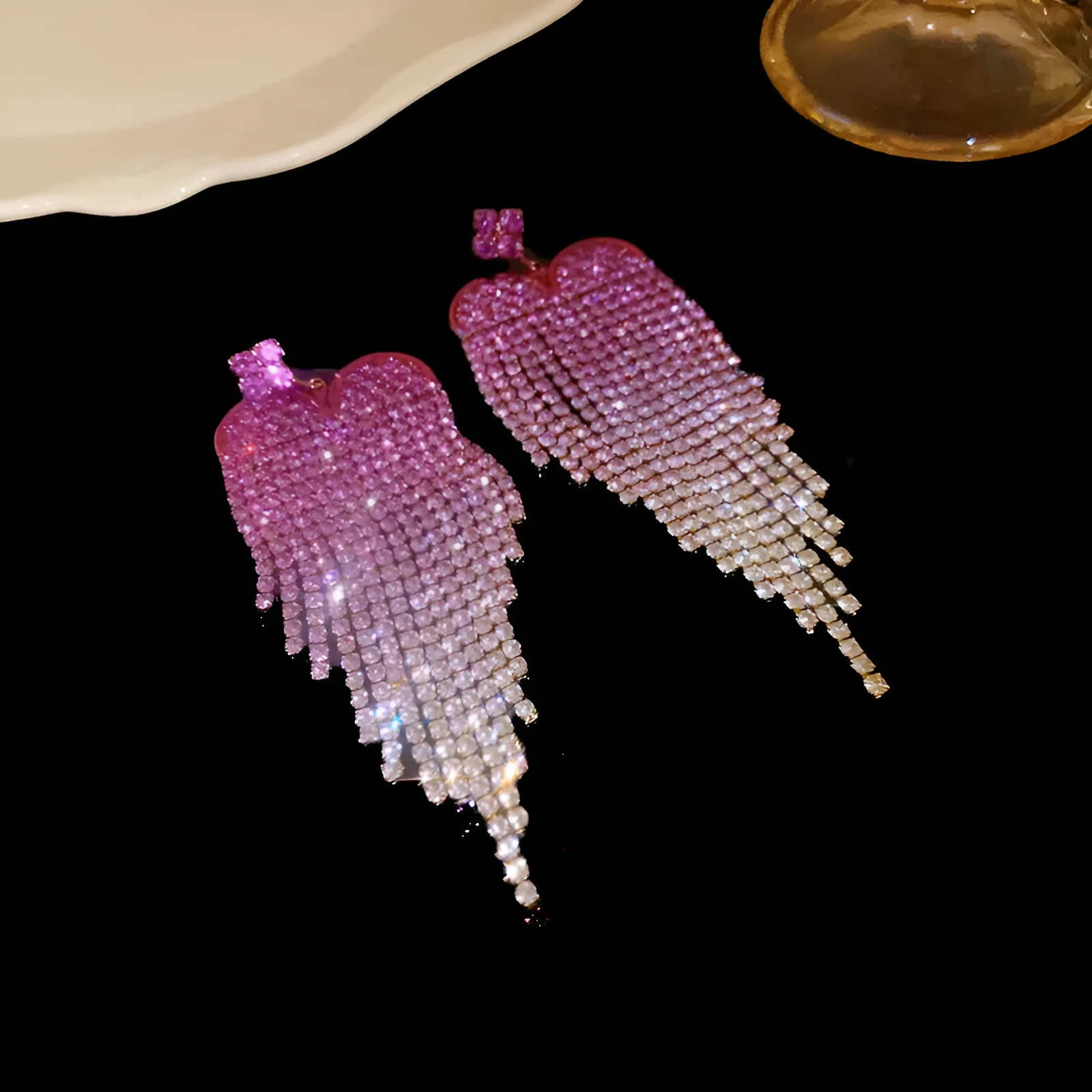 Copper diamond tassel stud earrings in purple love heart style for women