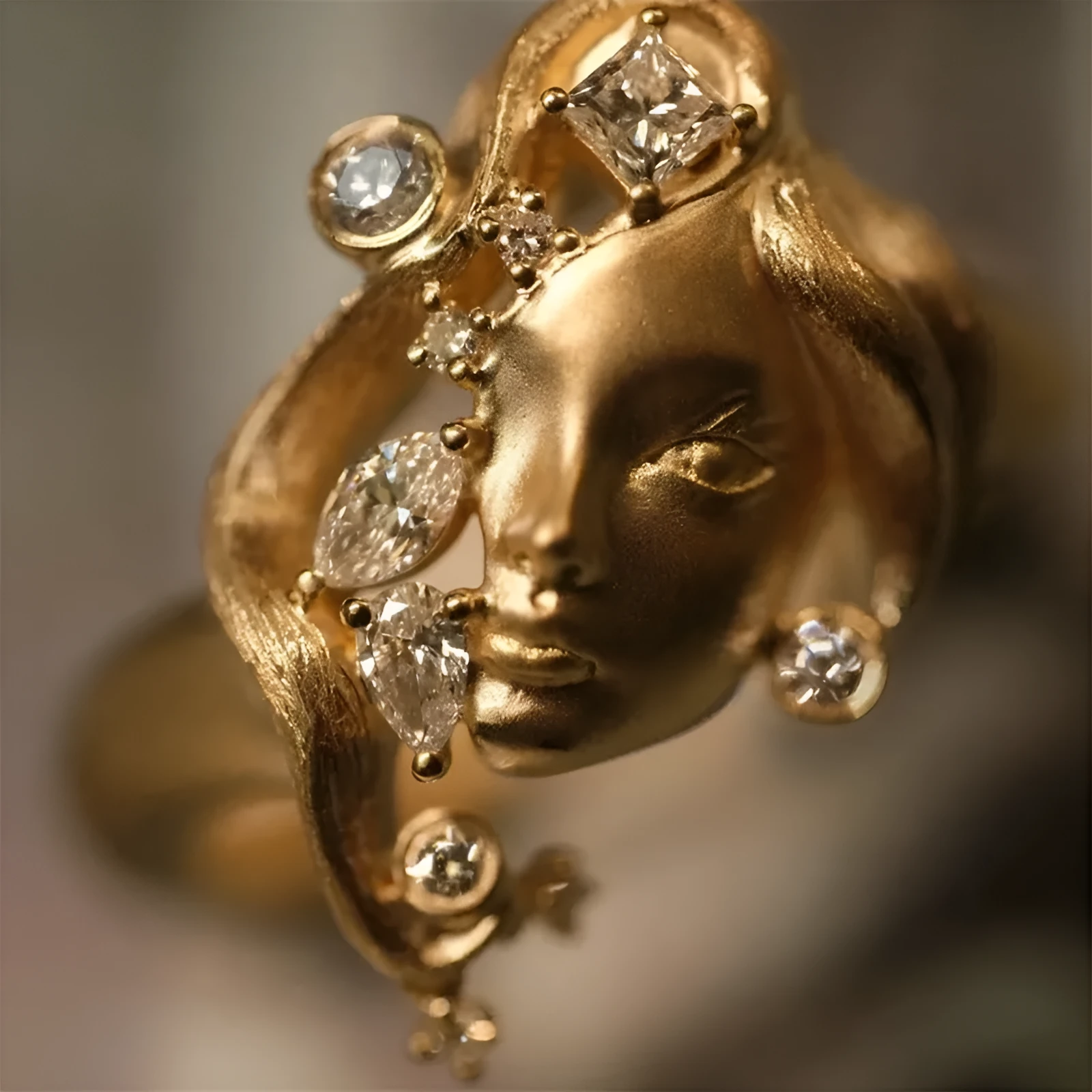 Gold antique portrait creative ring with adjustable opening on display