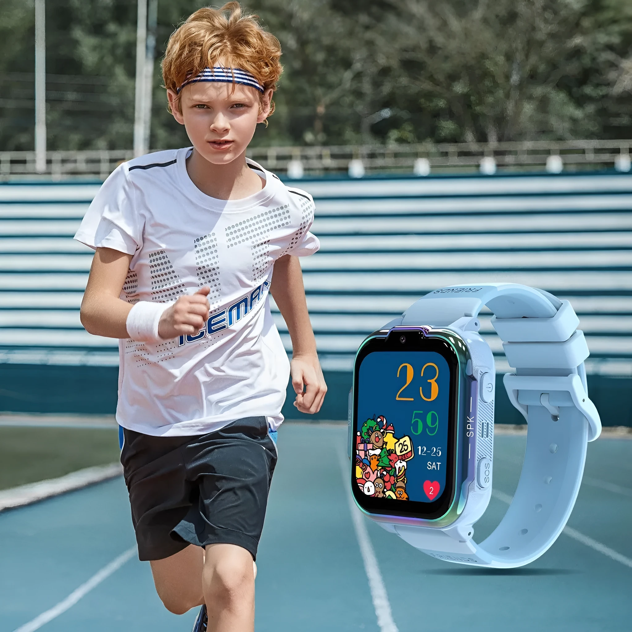 Children's smart watch phone in purple with touch button screen and camera lens