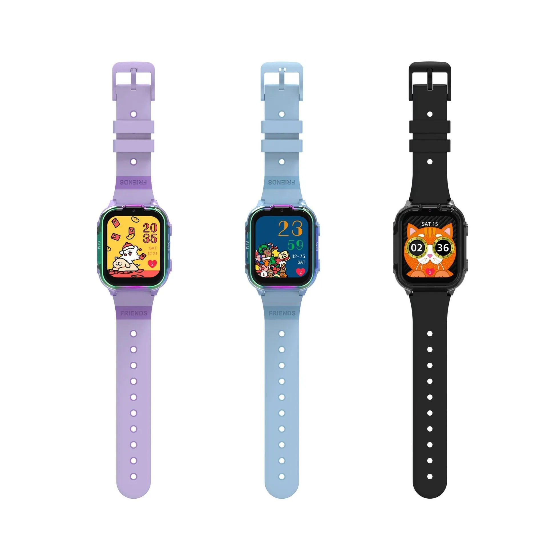 Children's smart watch phone in purple with touch button screen and camera lens