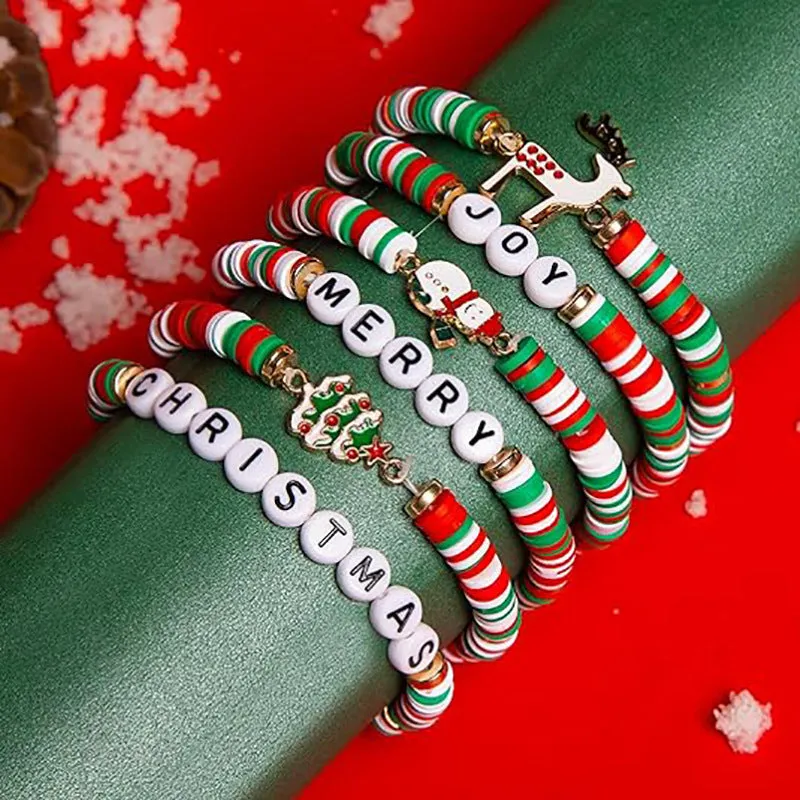 Christmas 6-pack cute elk polymer clay and alloy bracelets in green and red for women's cartoon deer jewellery set