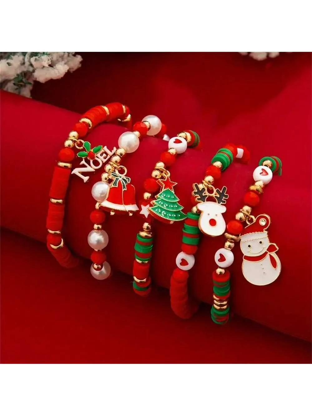 Christmas 6-pack cute elk polymer clay and alloy bracelets in green and red for women's cartoon deer jewellery set