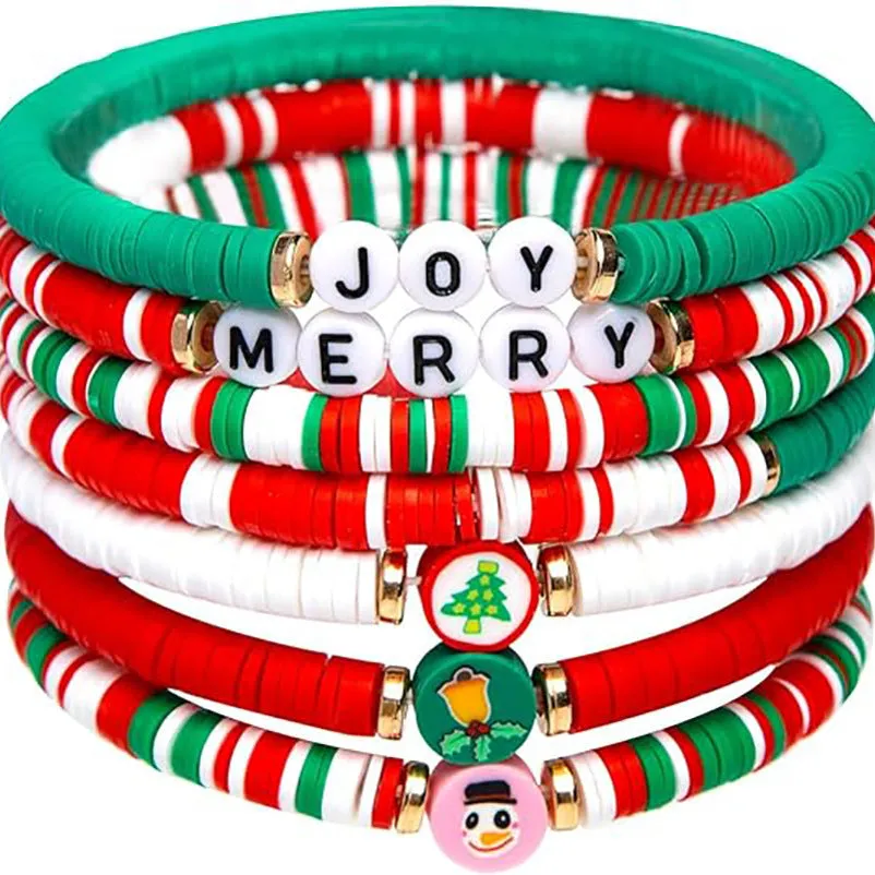 Christmas 6-pack cute elk polymer clay and alloy bracelets in green and red for women's cartoon deer jewellery set