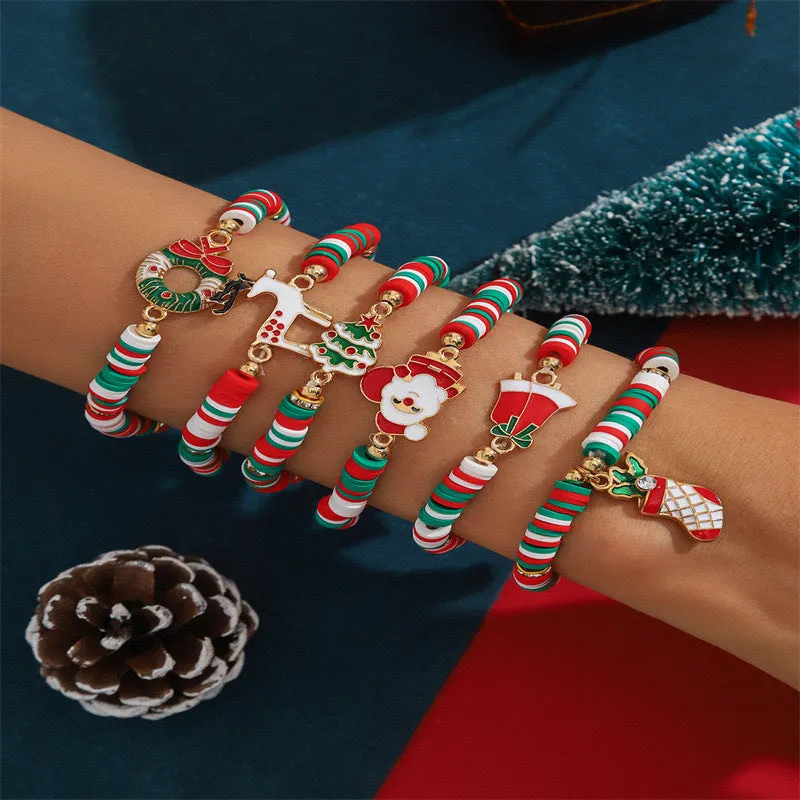 Christmas 6-pack cute elk polymer clay and alloy bracelets in green and red for women's cartoon deer jewellery set
