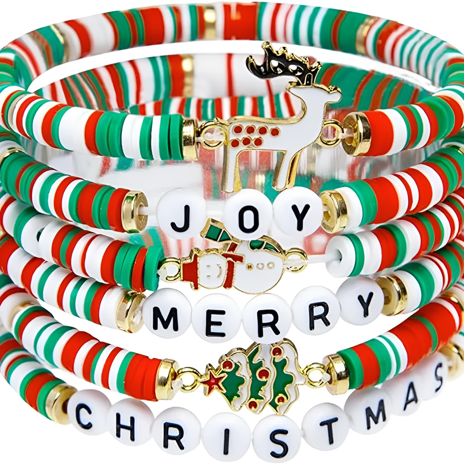 Christmas 6-pack cute elk polymer clay and alloy bracelets in green and red for women's cartoon deer jewellery set