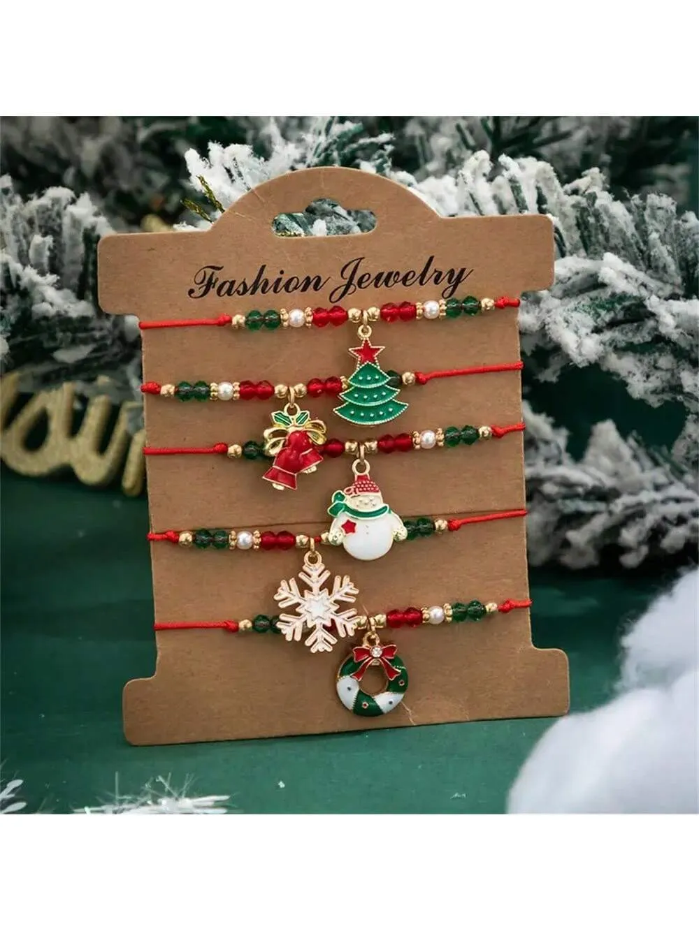 Christmas 6-pack cute elk polymer clay and alloy bracelets in green and red for women's cartoon deer jewellery set