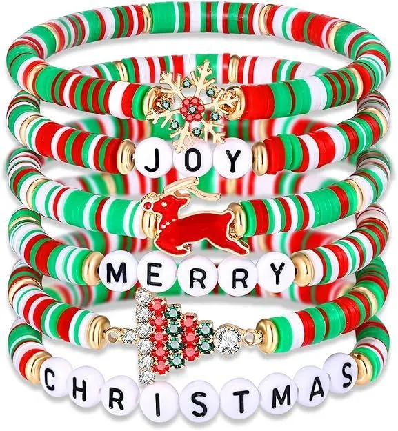 Christmas 6-pack cute elk polymer clay and alloy bracelets in green and red for women's cartoon deer jewellery set