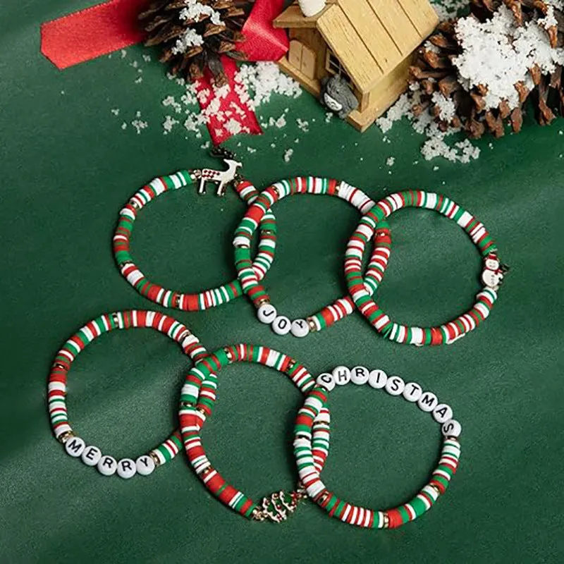 Christmas 6-pack cute elk polymer clay and alloy bracelets in green and red for women's cartoon deer jewellery set