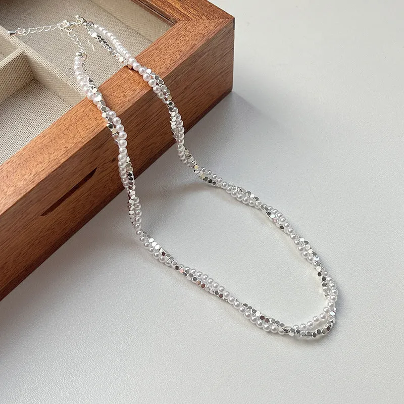 Double-layer winding small pieces silver pearl necklace for women fashion OL style with copper pearl chain