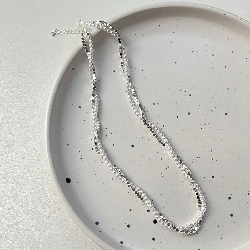 Double-layer winding small pieces silver pearl necklace for women fashion OL style with copper pearl chain