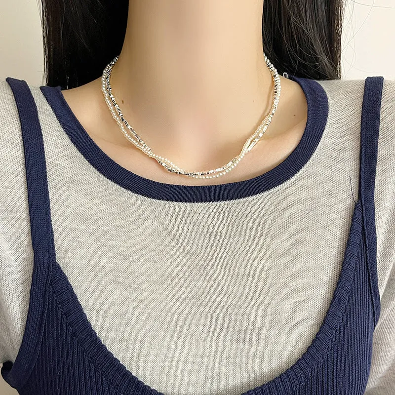Double-layer winding small pieces silver pearl necklace for women fashion OL style with copper pearl chain