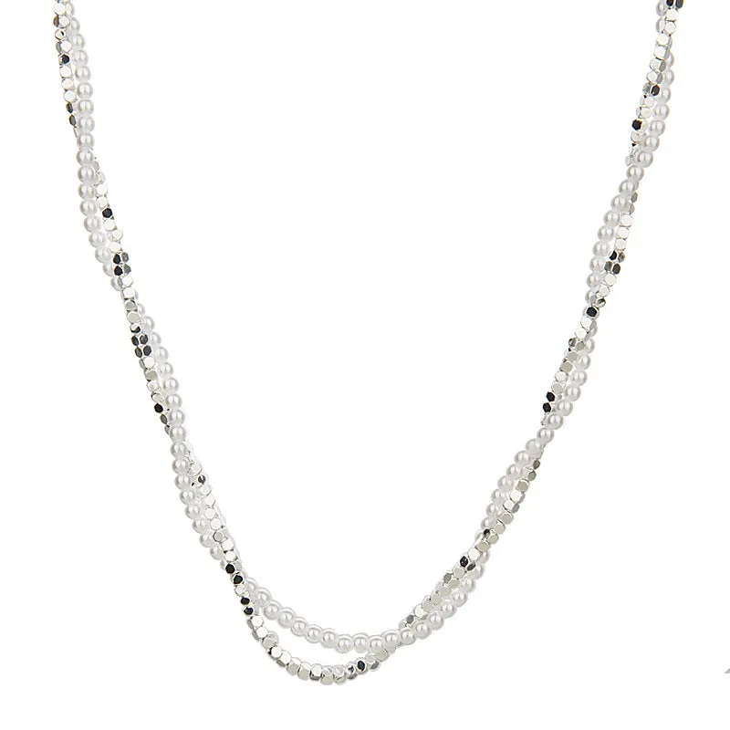 Double-layer winding small pieces silver pearl necklace for women fashion OL style with copper pearl chain