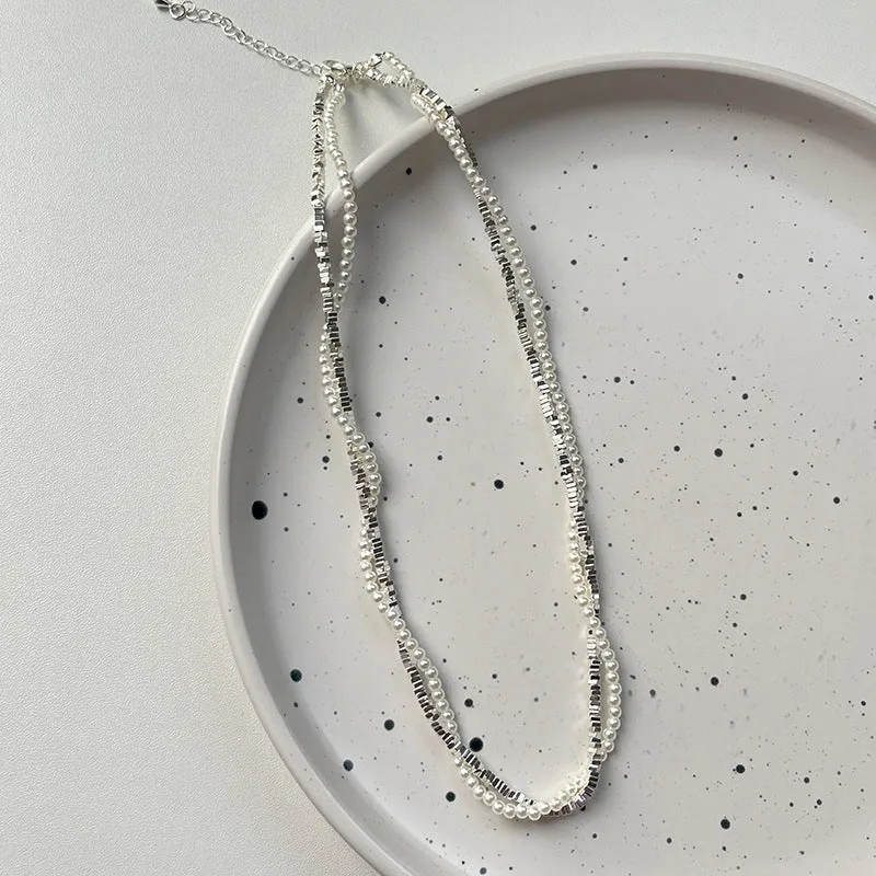 Double-layer winding small pieces silver pearl necklace for women fashion OL style with copper pearl chain