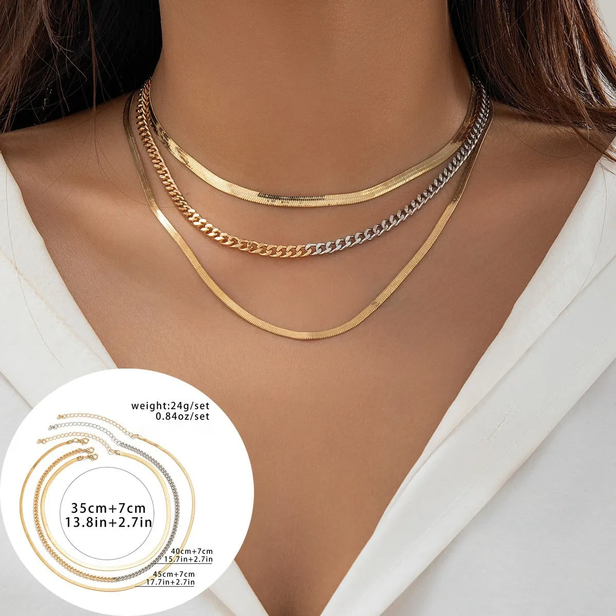 Women heart shape alloy snake bone chain contrast colour necklace with round elements gold silver finish