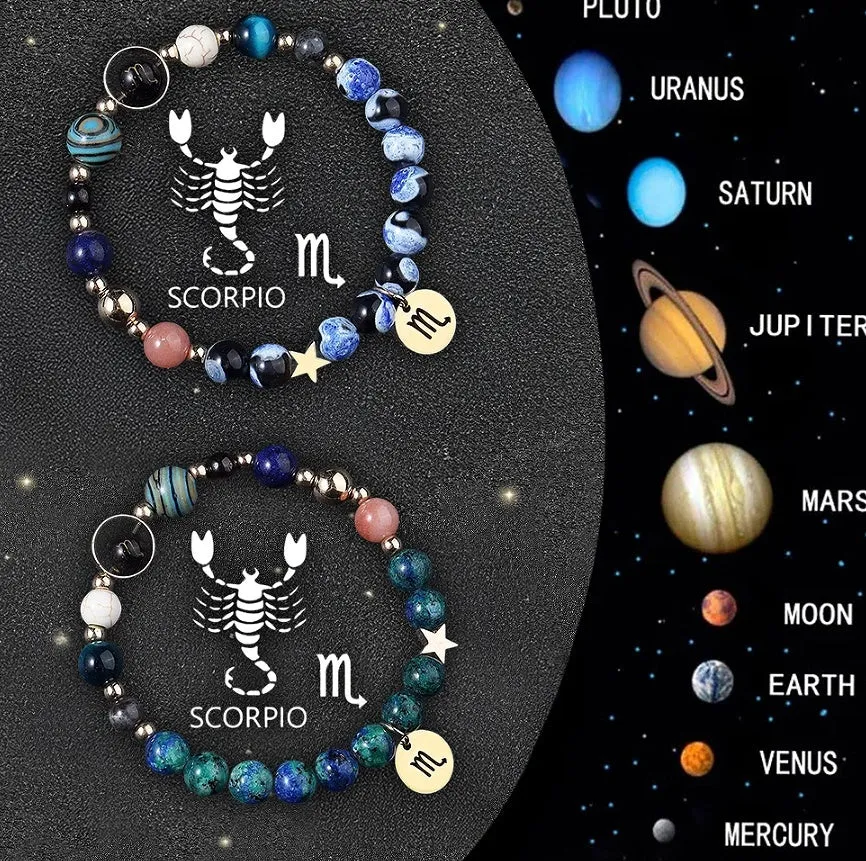 Two natural stone beaded bracelets for zodiac signs on a stretch cord.