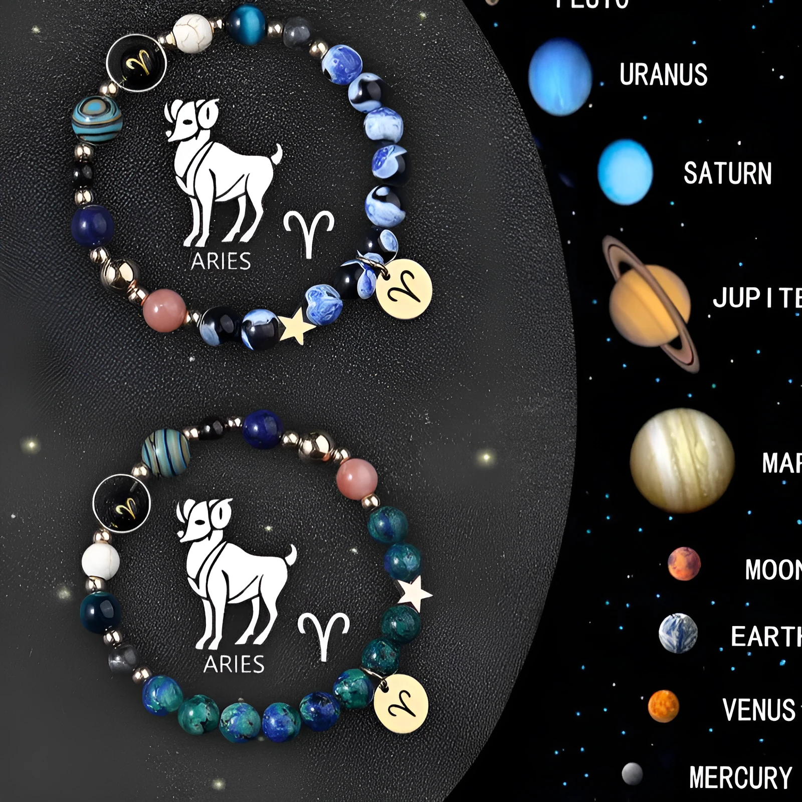 Two natural stone beaded bracelets for zodiac signs on a stretch cord.