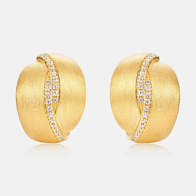 Frosted brushed geometric ear studs in 925 silver with 10k gold swimming paint finish, gold colour, pair of women's earrings