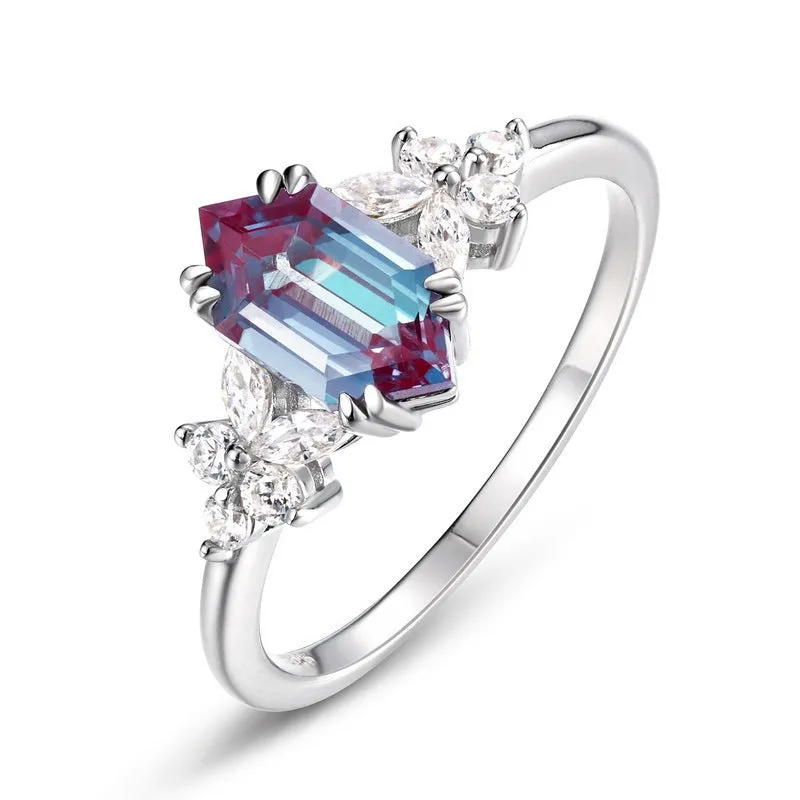 Women's Alexander stone ring with silver electroplated geometric band on neutral background