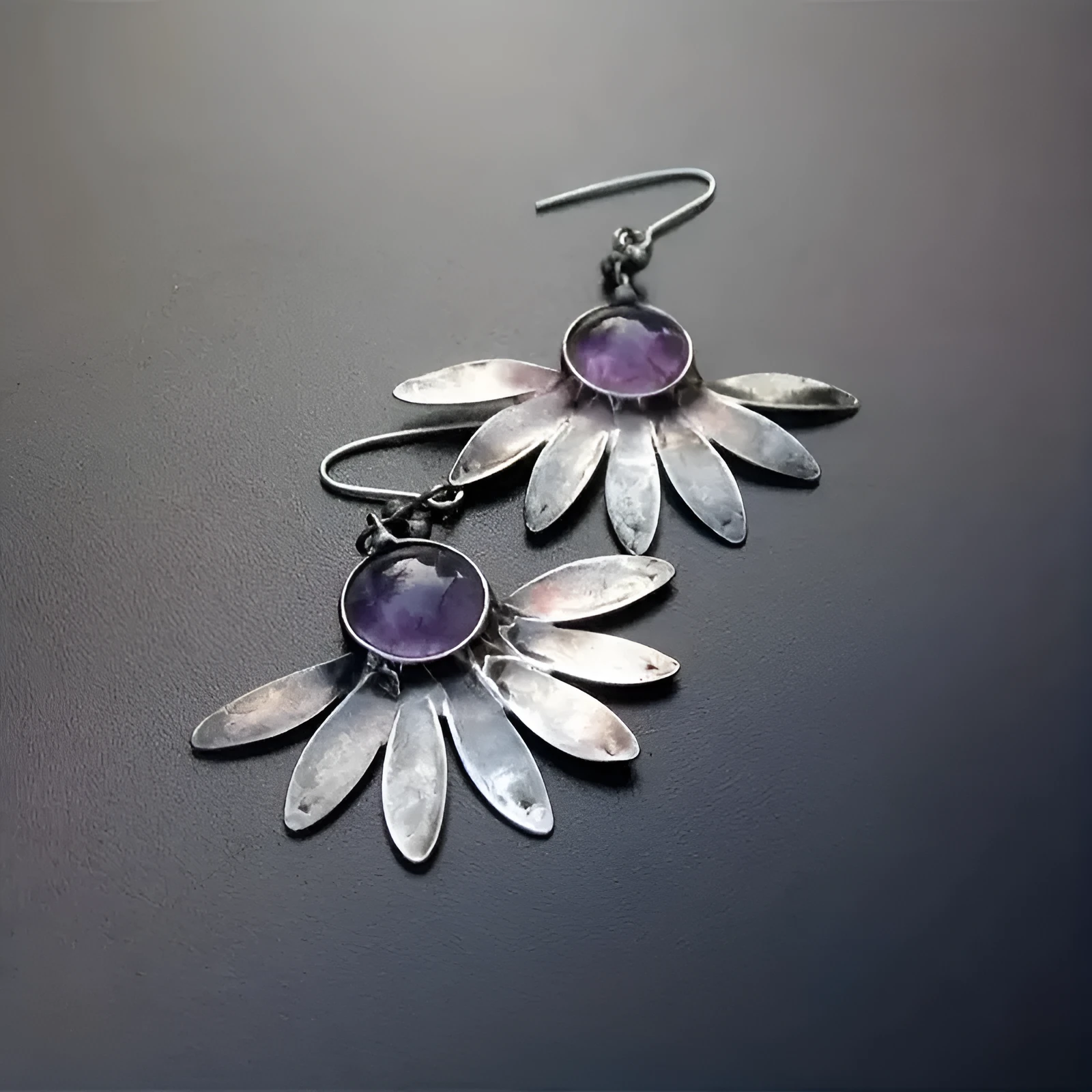 Purple resin Bohemian earrings with floral design and animal zodiac elements