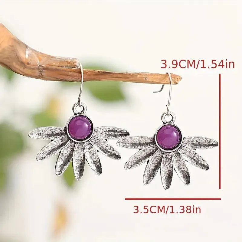 Purple resin Bohemian earrings with floral design and animal zodiac elements