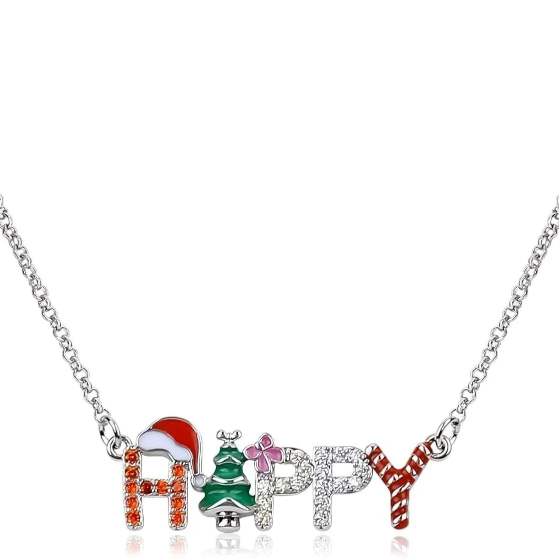 Santa Christmas Tree letter strings necklace with HAPPY text on alloy pendant regular chain