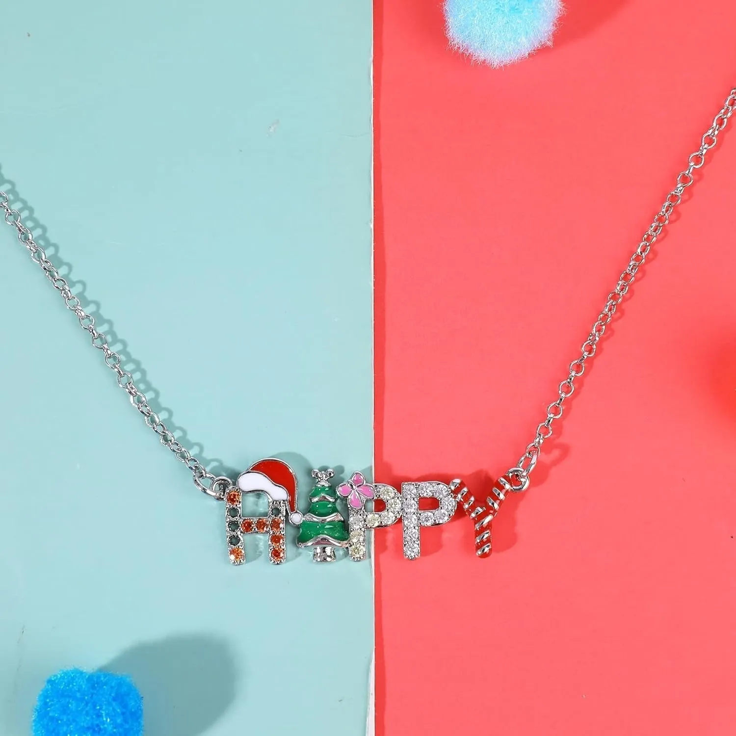 Santa Christmas Tree letter strings necklace with HAPPY text on alloy pendant regular chain