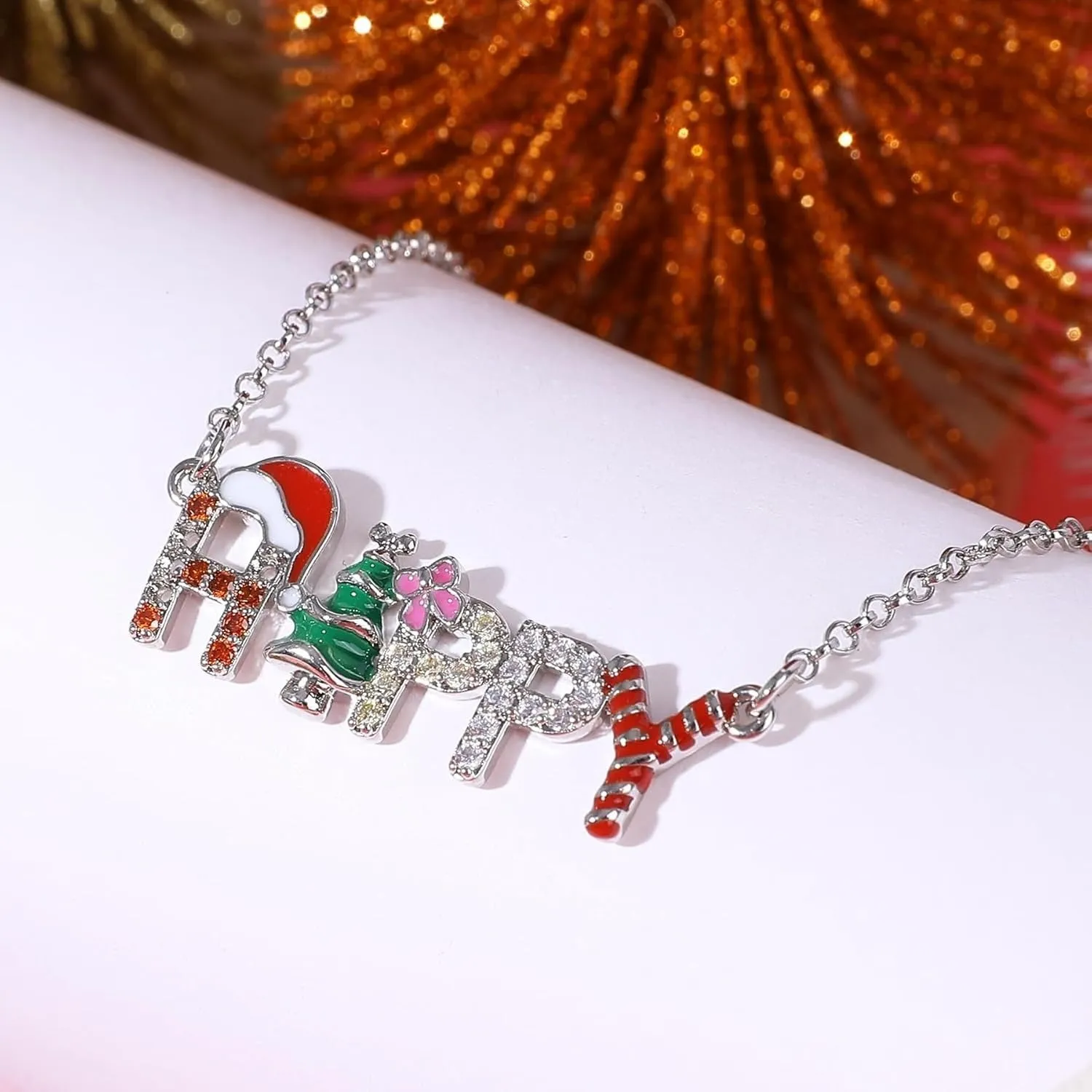 Santa Christmas Tree letter strings necklace with HAPPY text on alloy pendant regular chain
