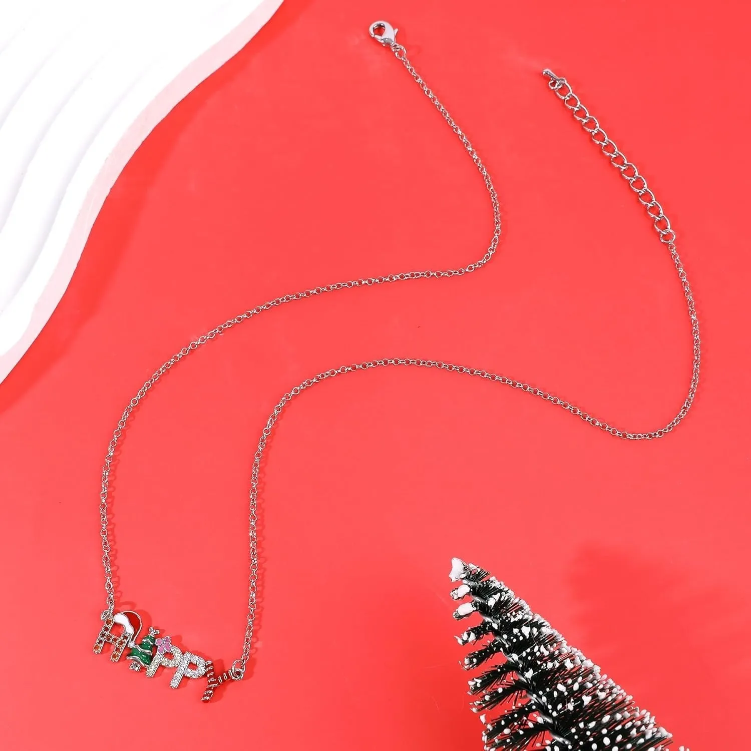 Santa Christmas Tree letter strings necklace with HAPPY text on alloy pendant regular chain