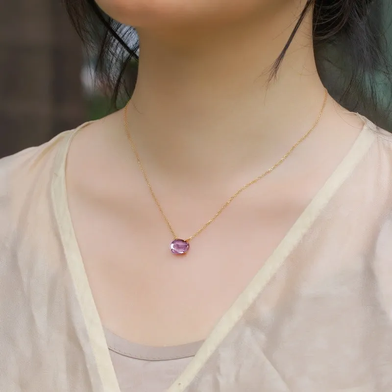 Women's geometric vintage pendant necklace with pink amethyst crystal in 925 sterling silver