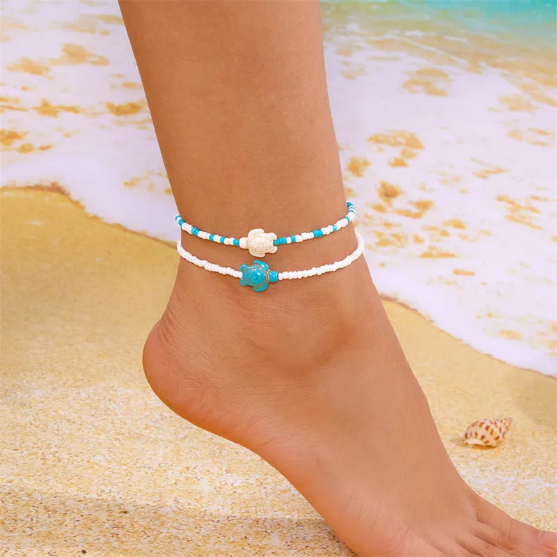 Summer fashion beads string women anklets set of two with starfish turtle stitching star bead design
