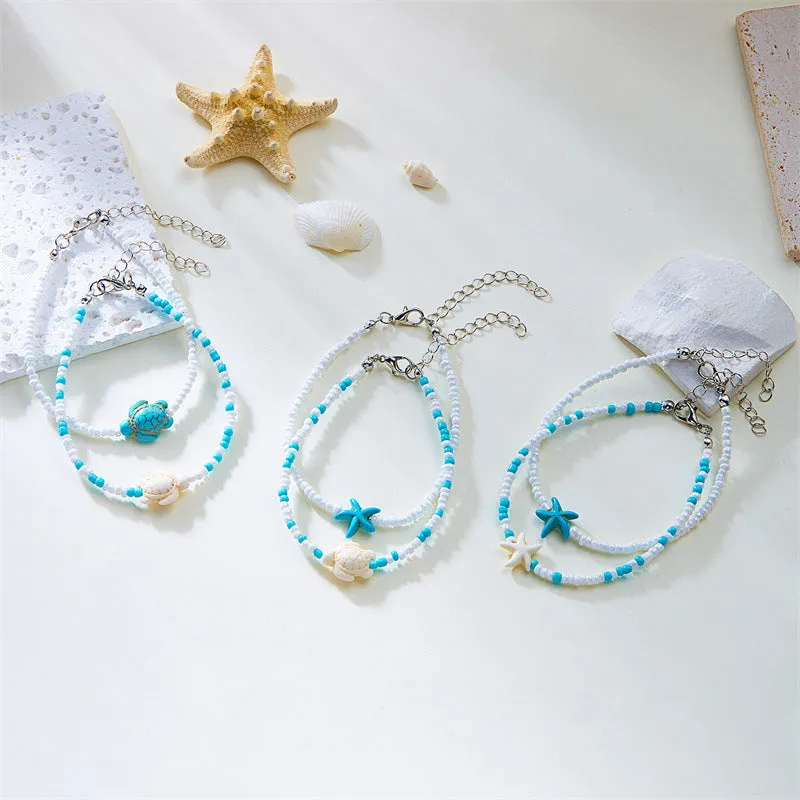 Summer fashion beads string women anklets set of two with starfish turtle stitching star bead design