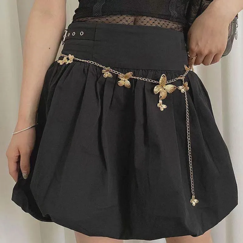 Gold and silver butterfly waist chain belt for women, showing alloy construction and length.