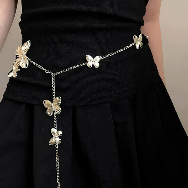 Gold and silver butterfly waist chain belt for women, showing alloy construction and length.