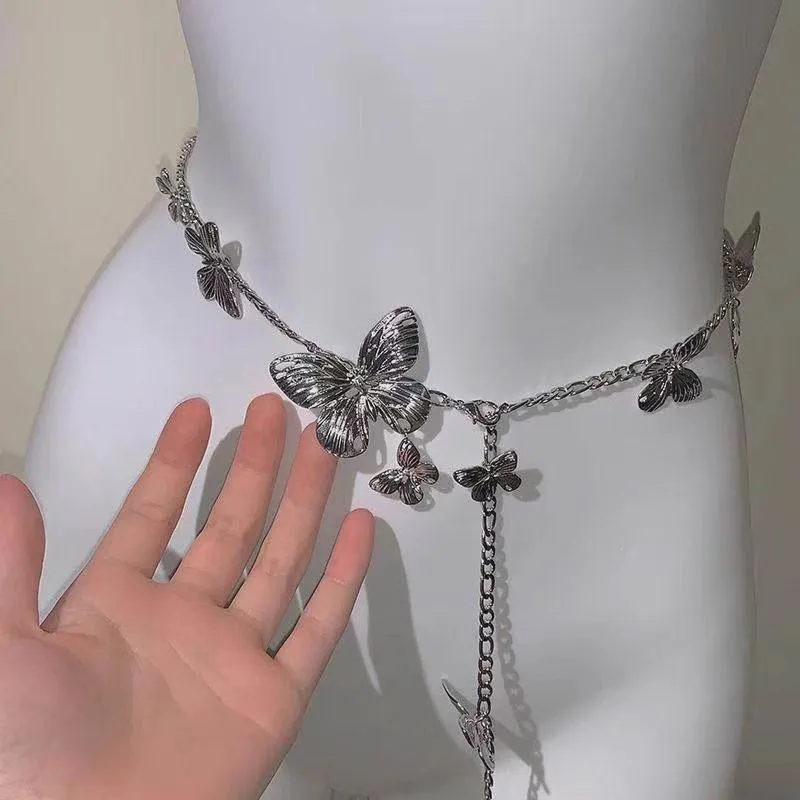 Gold and silver butterfly waist chain belt for women, showing alloy construction and length.