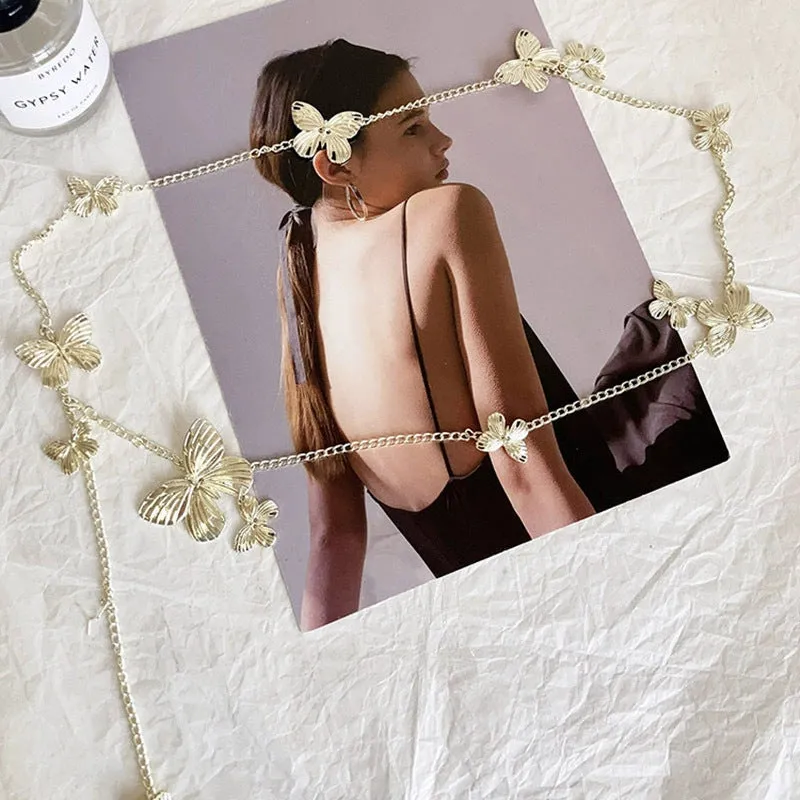 Gold and silver butterfly waist chain belt for women, showing alloy construction and length.