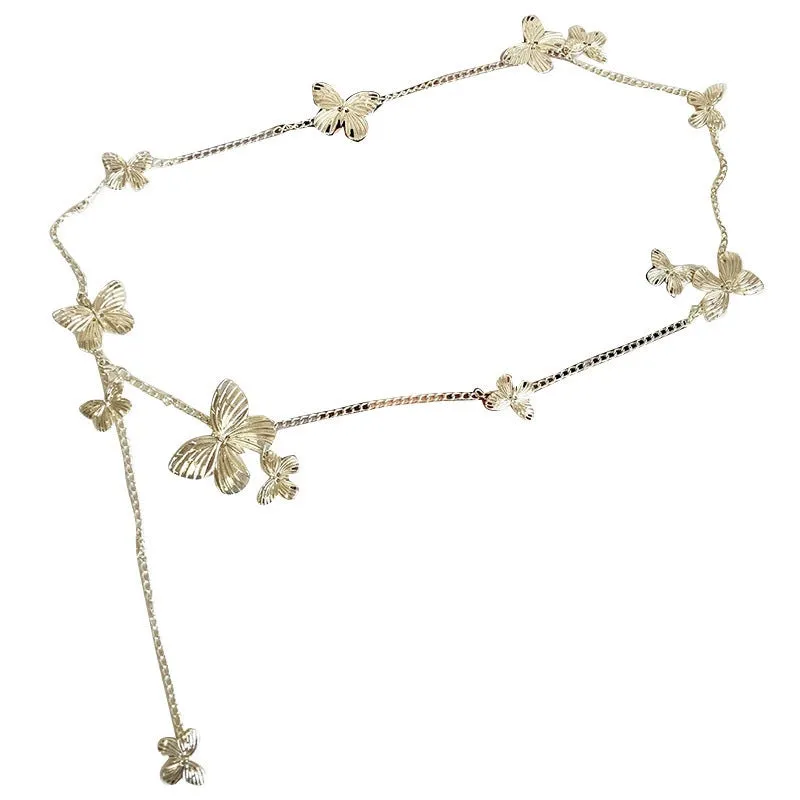 Gold and silver butterfly waist chain belt for women, showing alloy construction and length.