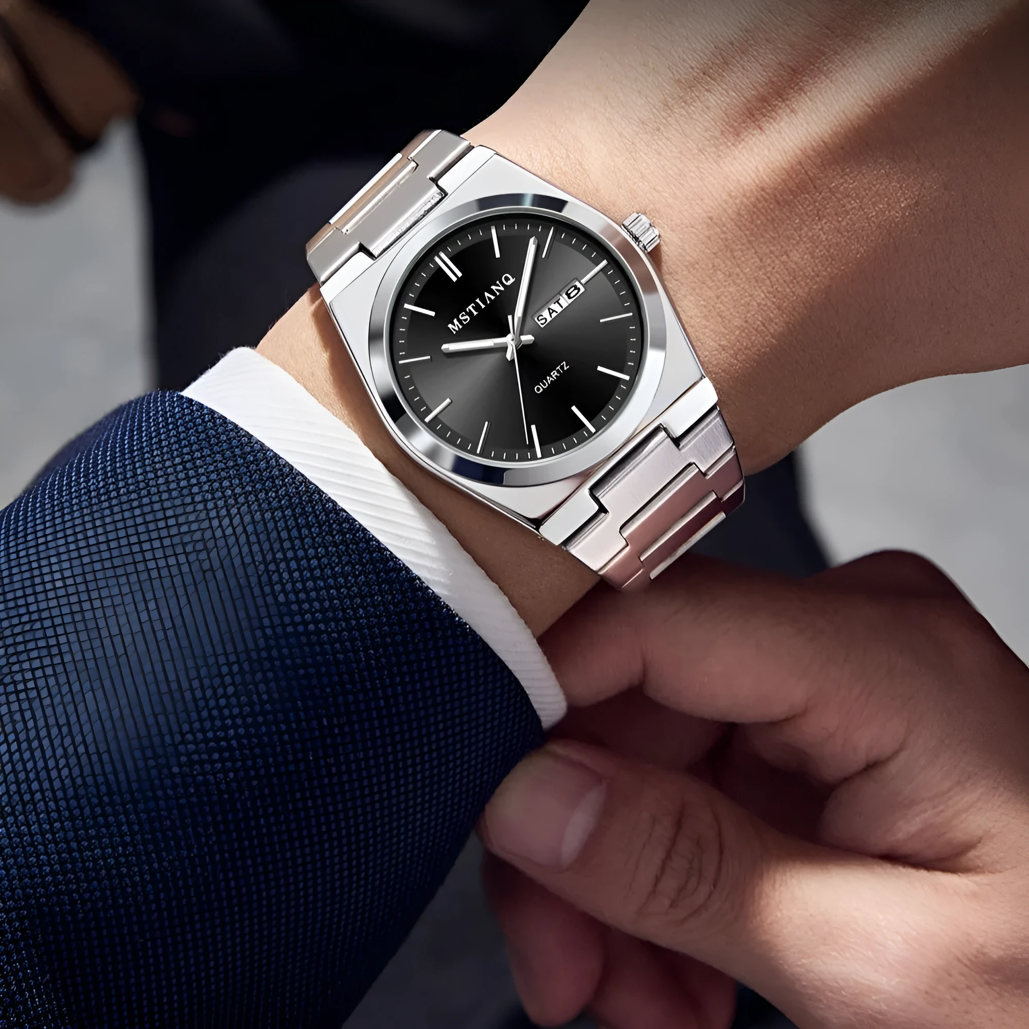 Men's quartz watch with steel belt, luminous display, and slim 6mm case in silver and dark blue
