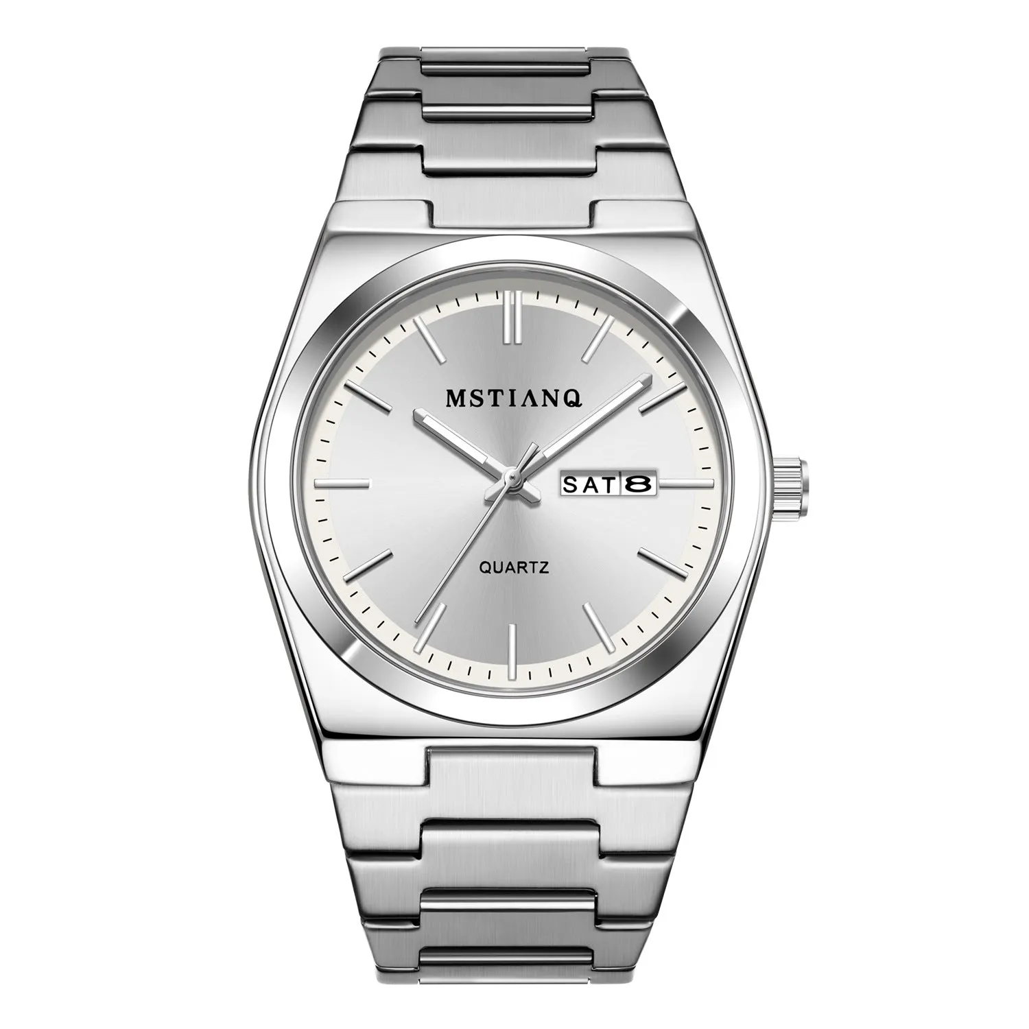 Men's quartz watch with steel belt, luminous display, and slim 6mm case in silver and dark blue