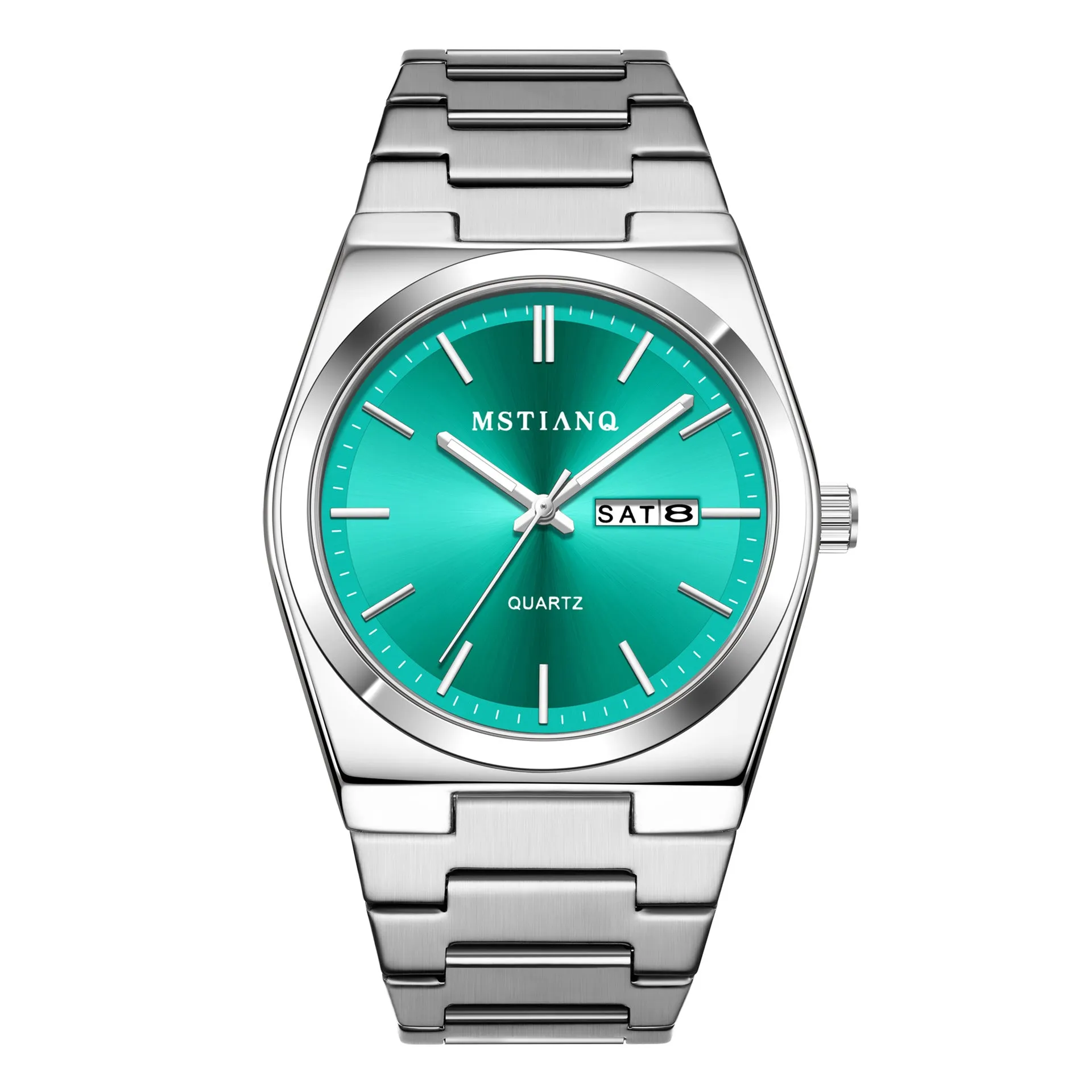 Men's quartz watch with steel belt, luminous display, and slim 6mm case in silver and dark blue