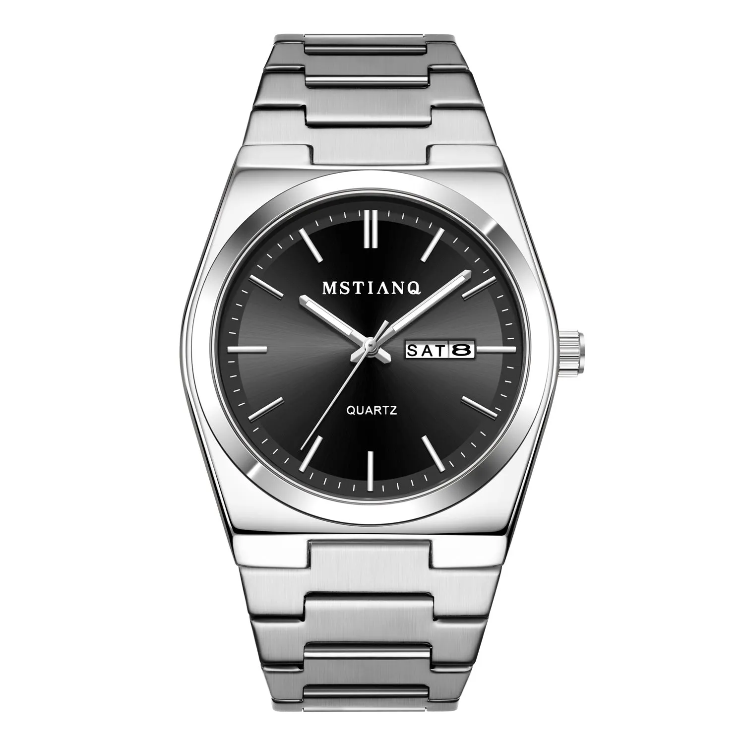 Men's quartz watch with steel belt, luminous display, and slim 6mm case in silver and dark blue