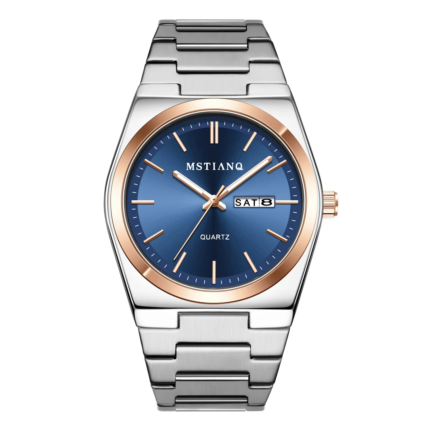 Men's quartz watch with steel belt, luminous display, and slim 6mm case in silver and dark blue