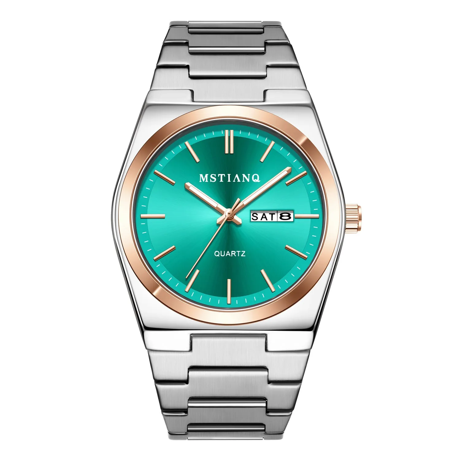 Men's quartz watch with steel belt, luminous display, and slim 6mm case in silver and dark blue