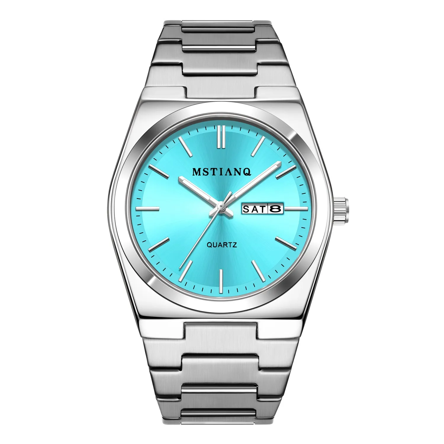 Men's quartz watch with steel belt, luminous display, and slim 6mm case in silver and dark blue