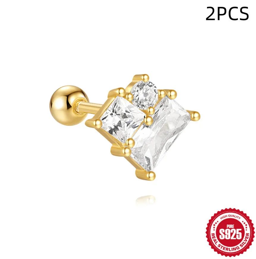 S925 sterling silver red earrings with flower design and square gravel stud elements