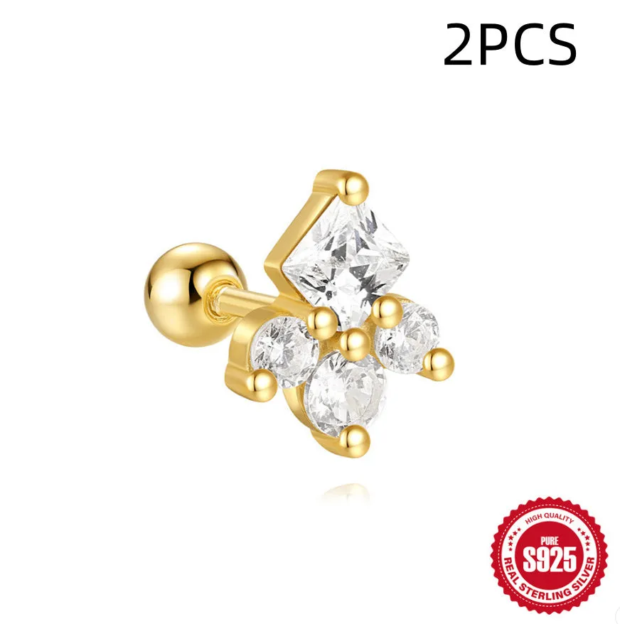 S925 sterling silver red earrings with flower design and square gravel stud elements