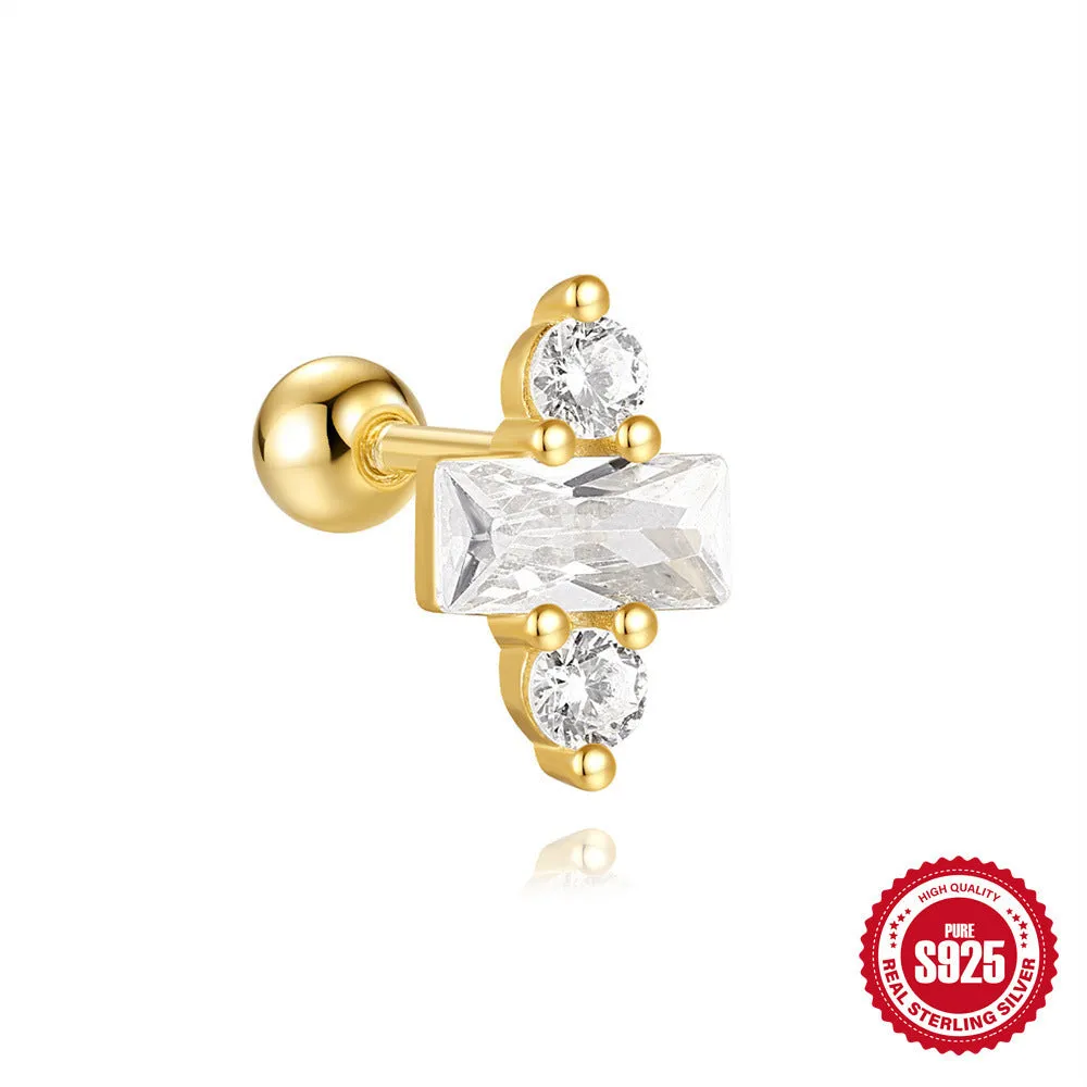 S925 sterling silver red earrings with flower design and square gravel stud elements