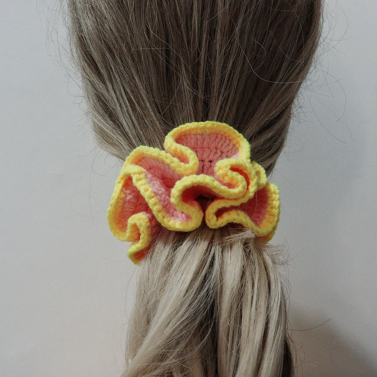 Girls cute bud hair ring with knitted flowers in pink and white polyester