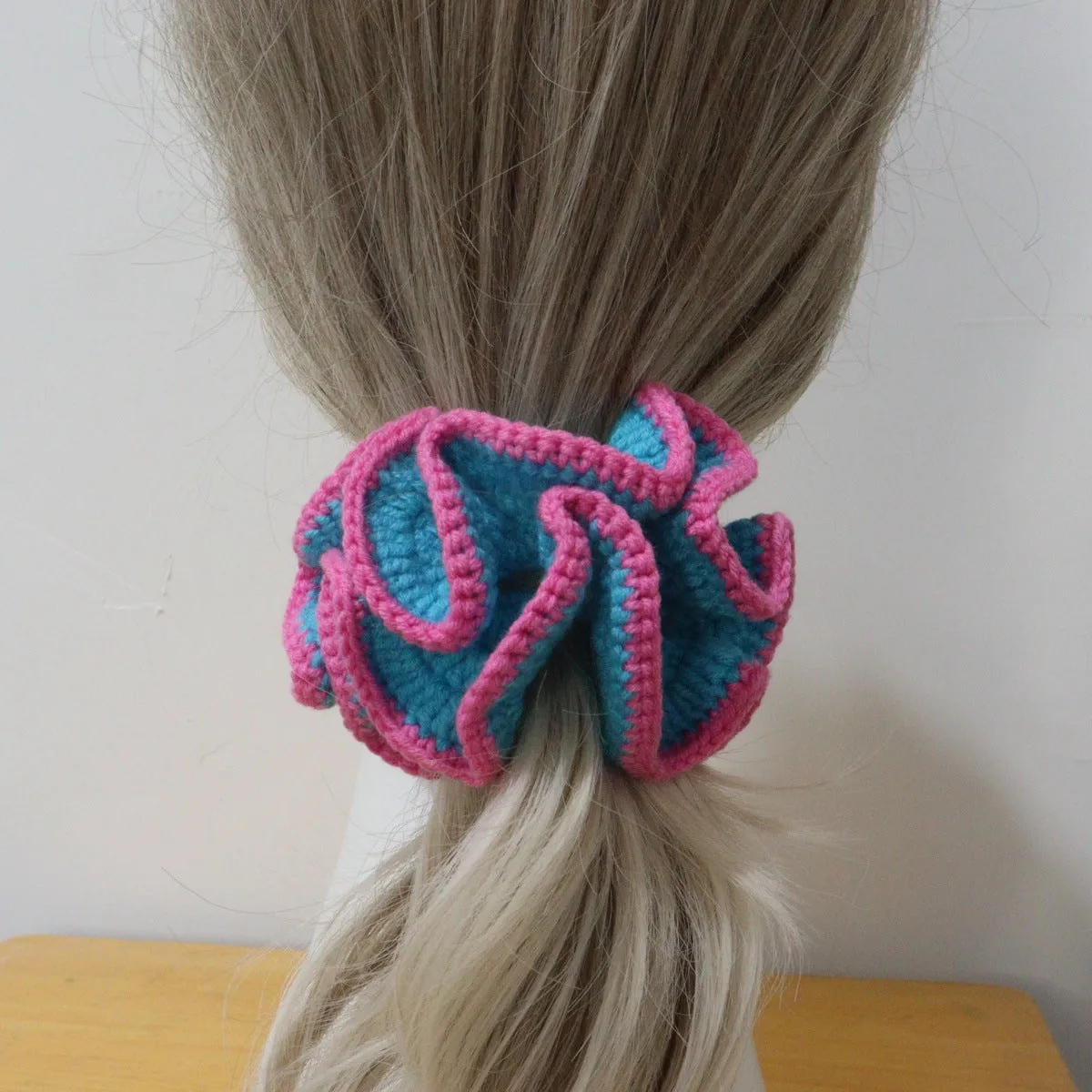 Girls cute bud hair ring with knitted flowers in pink and white polyester