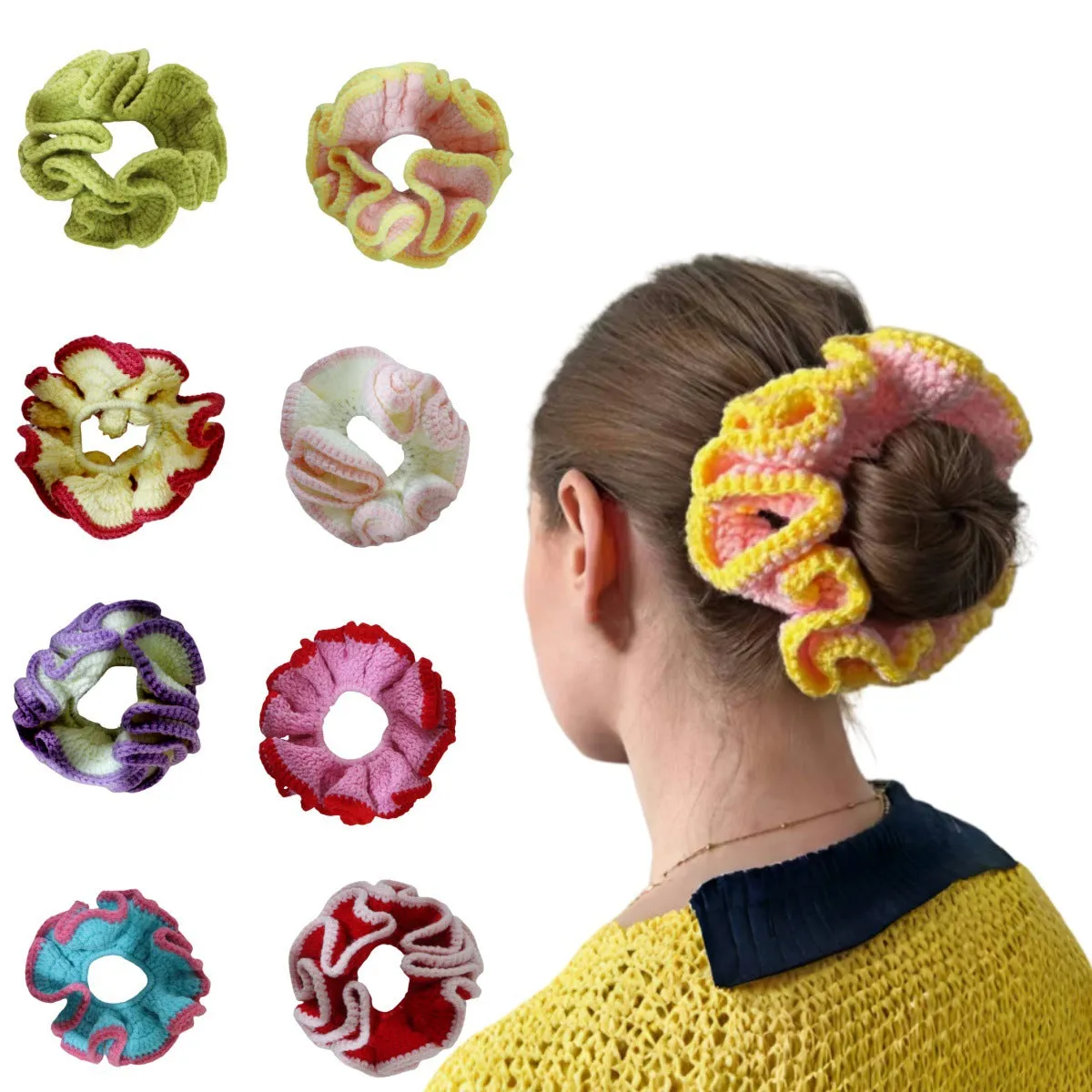Girls cute bud hair ring with knitted flowers in pink and white polyester