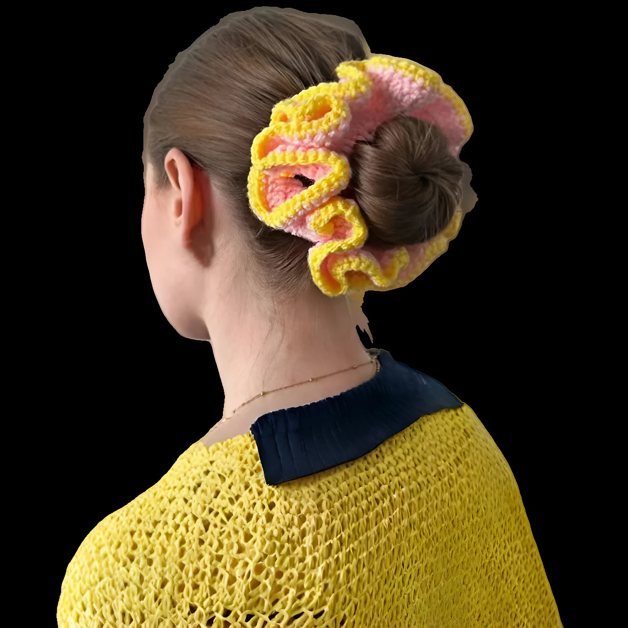 Girls cute bud hair ring with knitted flowers in pink and white polyester